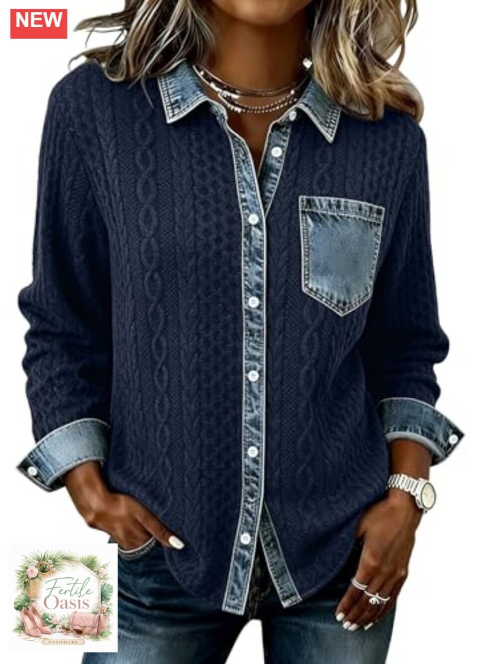 SAUKOLE Women's Patchwork Denim Shacket - Cable Knit Fall Jacket